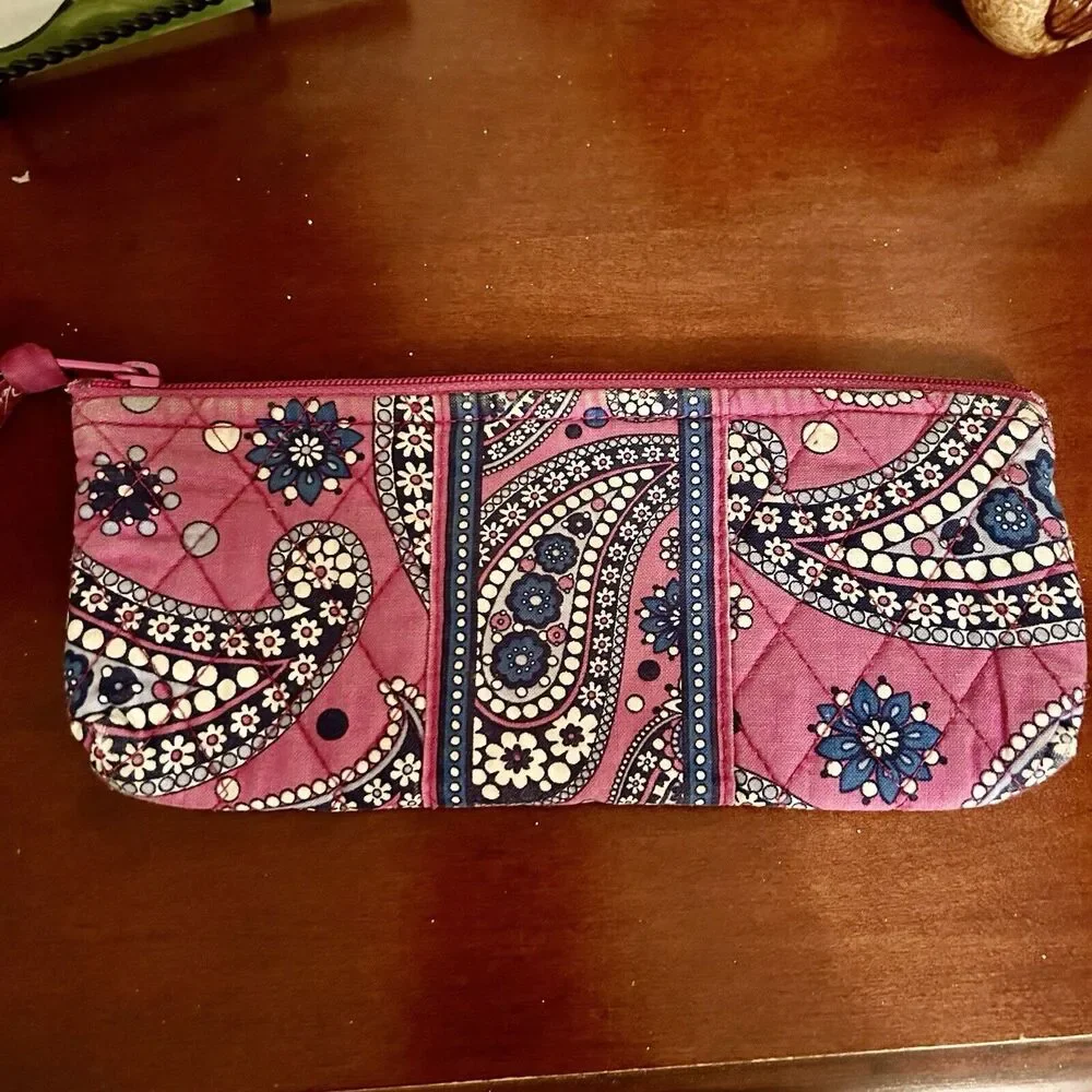 Vera Bradley Boysenberry Paisley Fuchsia Blue White Pencil Bag Case 12 inch